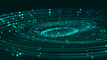 Data stream. Digital mind. Creation of artificial intelligence. Massive data, digital funnel, information whirlpool. Orbit, trajectory, flow, information 3D illustration