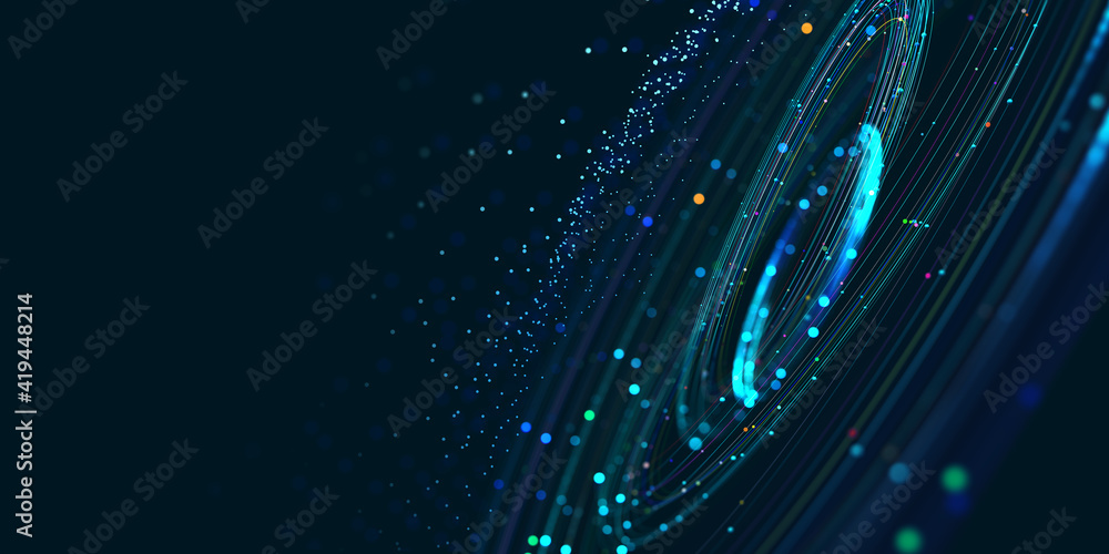 Aufkleber Wireless systems, globalization, big data. Data analytics, blockchain technology. 3D illustration of circular paths. Orbital motion abstract background