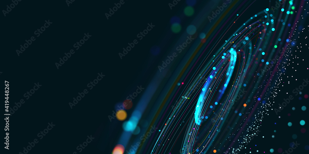 Poster Wireless systems, globalization, big data. Data analytics, blockchain technology. 3D illustration of circular paths. Orbital motion abstract background