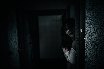 Portrait of asian woman make up ghost face,Horror scene,Scary background,Halloween poster