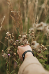 female hand with a clock and natural flowers