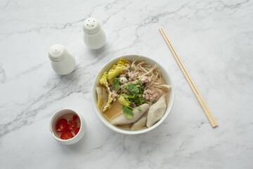 American and Thai breakfast set on the marble background
