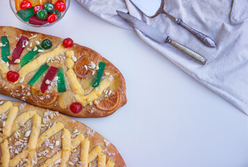Vertical view of a coca de Sant Joan, a typical sweet flat cake from Catalonia, Spain, eaten at Saint Johns Eve