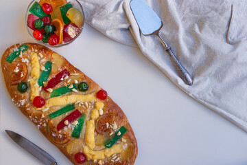 Vertical view of a coca de Sant Joan, a typical sweet flat cake from Catalonia, Spain, eaten at...