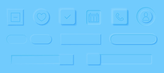 Neumorphism style elements vector set. Modern website or mobile app design. Volume control buttons and knobs. Minimal style neumorphism buttons. Neumorphic UI UX interface.