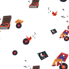 Seamless pattern with record player and birds