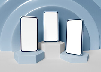3D Illustration. Three smartphones with blank white screen.