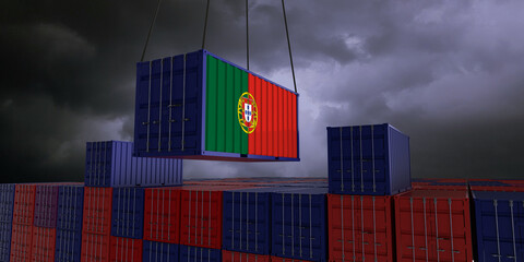 A freight container with the portuguese flag hangs in front of many blue and red stacked freight containers - concept trade - import and export - 3d illustration