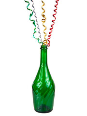 Wine green bottle with party tapes isolated on the white background