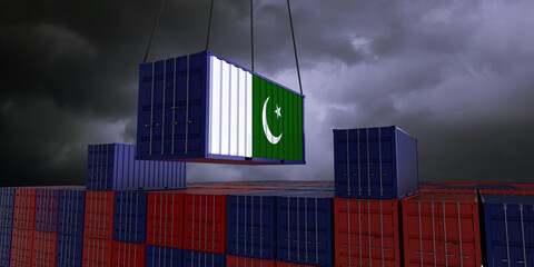 A freight container with the palestinian flag hangs in front of many blue and red stacked freight containers - concept trade - import and export - 3d illustration