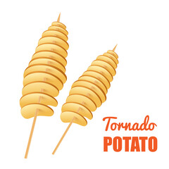 Tornado potato on wooden stick, fried crispy spiral chips a vector illustration.