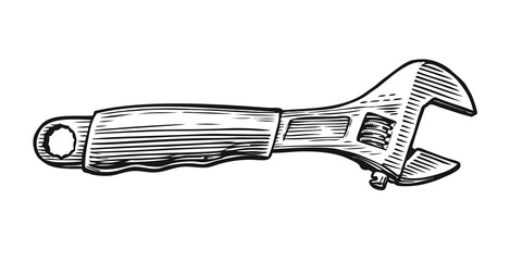 Adjustable wrench in vintage engraving style. Tool sketch vector illustration