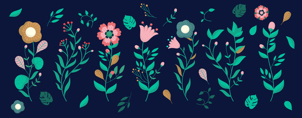 Vector flower set on dark background - Floral decorative elements to use in graphic design. Digital illustration.