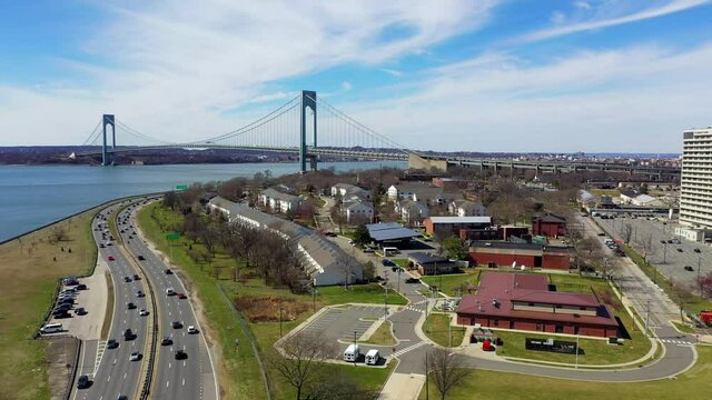 Aerial Arc Shot Of Fort Hamilton And The Verrazano Bridge