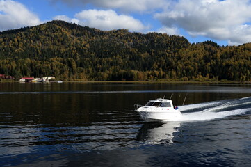 Boat on Lake Teletskoye. Altai Republic. Western Siberia
