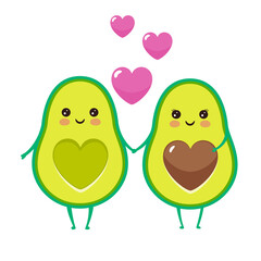 Cute cartoon avocado characters with funny smiles in love. Vector illustration.