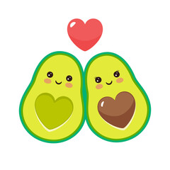 Cute cartoon avocado characters with funny smiles in love. Vector illustration.