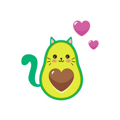 Cute cartoon avocado cat character with funny smile in love. Vector illustration.