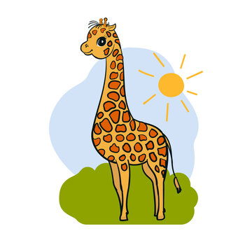 Cute giraffe character on jungle background. Cartoon vector design.