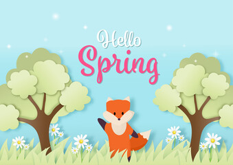 Hello Spring horizontal banner with cute fox paper cut concept. 