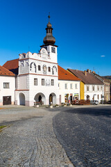 Fototapeta na wymiar Town hall on square in Volyne, Southern Bohemia, Czech Republic