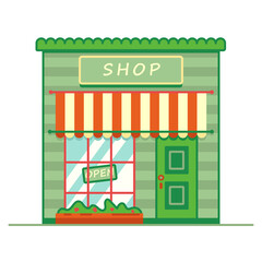 cartoon cute green shop, cafe, bakery, street trade, signboard open, vector illustration