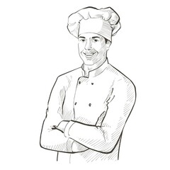 Chef in working uniform. smiling Baker in a chef cap in the restaurant kitchen, standing with crossed arms. Vector line sketch realistic vintage hand-drawn illustration