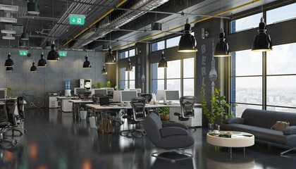 3d Illustration - Büro - Großraumbüro - Bürogebäude - Fabrikhalle - Bürofläche - Gewerbefläche - Immobilie