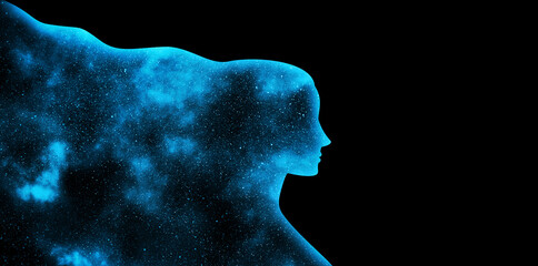 Blue shining star universe in the shape of a woman's profile silhouette on a black background