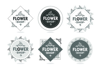 Set of Premade Logo in Trendy Hand Drawn Style - Emblem for Flower Shop, spa, beauty salon, organic shop, interior, wedding. Floral elements. Black and white Vector illustration