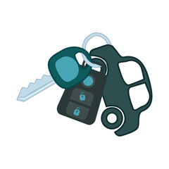 Car key isolated on white background. Automobile key ring with alarm system and small car as keyring. Car keys with remote. Car rent or purchase concept. Transport design. Stock vector illustration