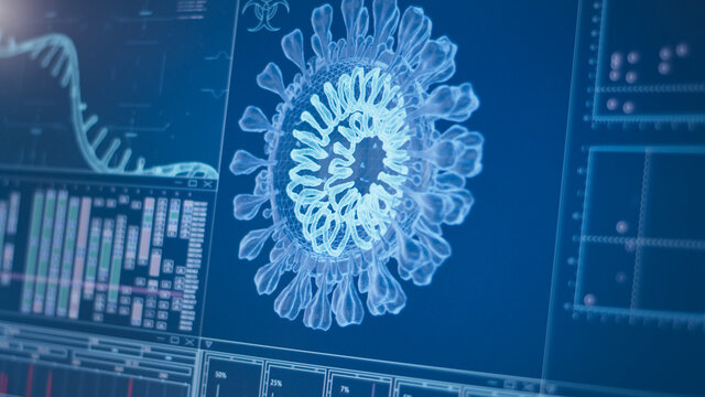 Futuristic laboratory equipment - coronavirus testing. Virus model on screen
