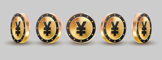Set of 3d concept gold, golden coins, yen, currency with stars and black sign, border on gray. Vector illustration for card, party, design, flyer, poster, decor, banner, web, advertising.