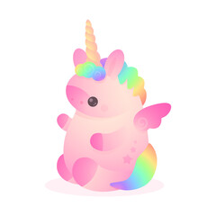 Cute plump pink unicorn with horn, rainbow hair, mane. Holiday, birthday flat illustration for postcard greeting card, banner, decor, design, arts,  party on white background.