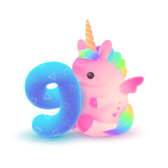 Cute plump pink unicorn with horn, rainbow hair and blue number 9. Holiday, birthday  illustration for postcard greeting card, banner, decor, design, arts,  party on white background.