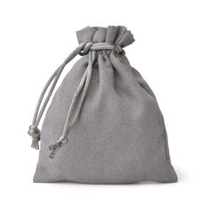 Front view of grey fabric drawstring gift bag