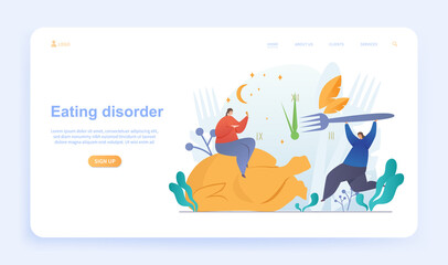 Female characters are suffering from eating disorder. Two women are eating huge chicken with fork at night. Website, web page, landing page template. Flat cartoon vector illustration