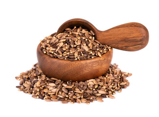 Milk Thistle seed in wooden bowl and spoon, isolated on white background. Silybum marianum, Scotch Thistle or Marian Thistle.