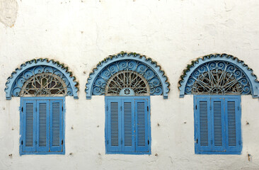 Details of arabic architecture in the old medina of Tangier.Morocco.Windows, doors, houses and streets