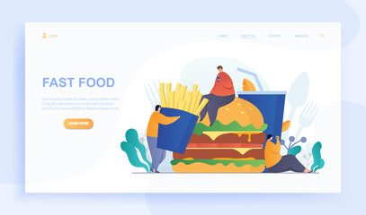 Fototapeta premium Male and female characters are eating fast food. Group of people suffering from bulemia eating burger and french fries. Website, web page, landing page template. Flat cartoon vector illustration
