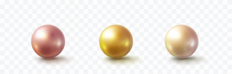 Pearl glossy beads isolated on transparent background. Gold, golden rose, perl balls. Vector 3d metal sphere, shiny capsules