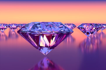 Set of diamonds on flat surface, sunset lighting, 3D rendering
