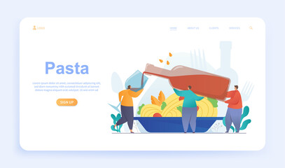 Male and female characters are eating pasta and drinking wine. Group of people standing near huge plate with pasta. Website, web page, landing page template. Flat cartoon vector illustration