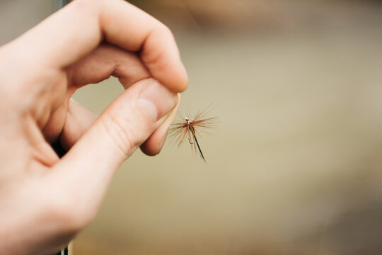 Crop anonymous fisherman with small sharp fishing hook for catching fish on blurred background