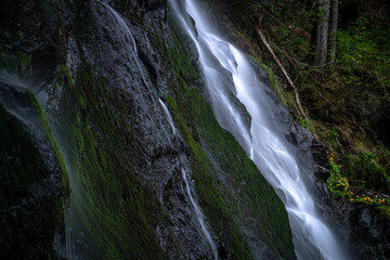 Long time exposure of water flowing down rocks.