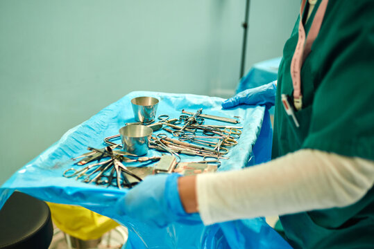 Crop anonymous assistant in latex gloves caring tray with various instruments scattered on sterile field while working operation in hospital
