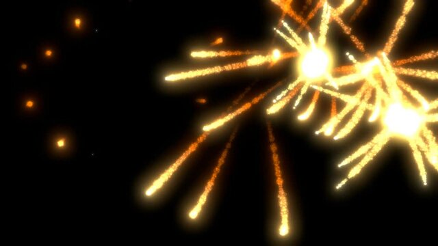 Golden fireworks background. Particle sparkle explosion glow on black