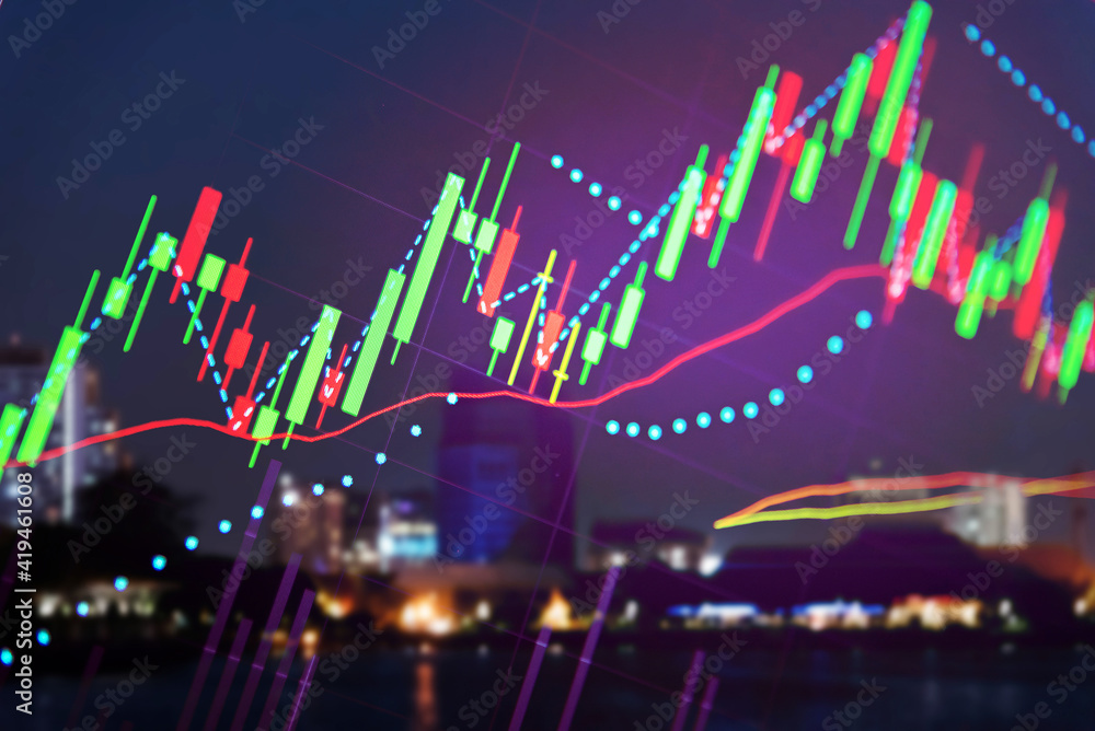 Poster stock market data on digital led display. fundamental and technical analysis with candle stick graph