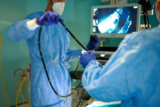 Crop unrecognizable doctor in surgical gown and mask dipping endoscope into water while preparing for procedure with colleague in operating room