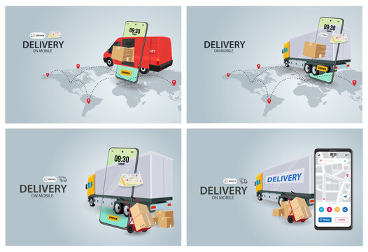Set Bundle Online delivery service concept, online order tracking,Delivery home and office. City logistics. Warehouse, truck, forklift, on mobile. Vector illustration

